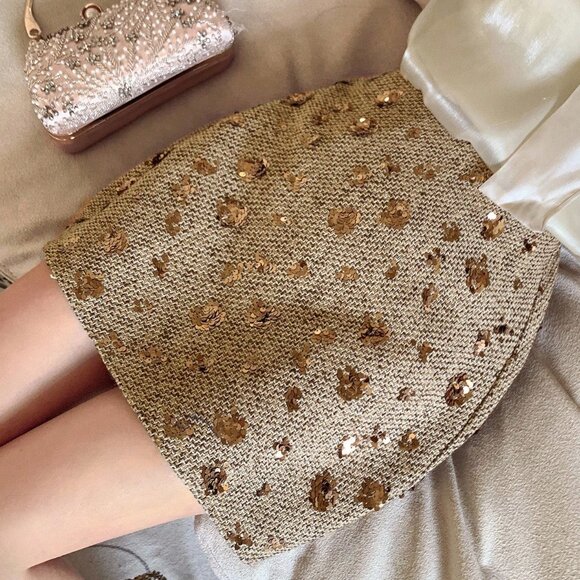 Gold Preppy Women's Elegant Sequin Embellished Bodycon Mini Skirt - Picture 5 of 9